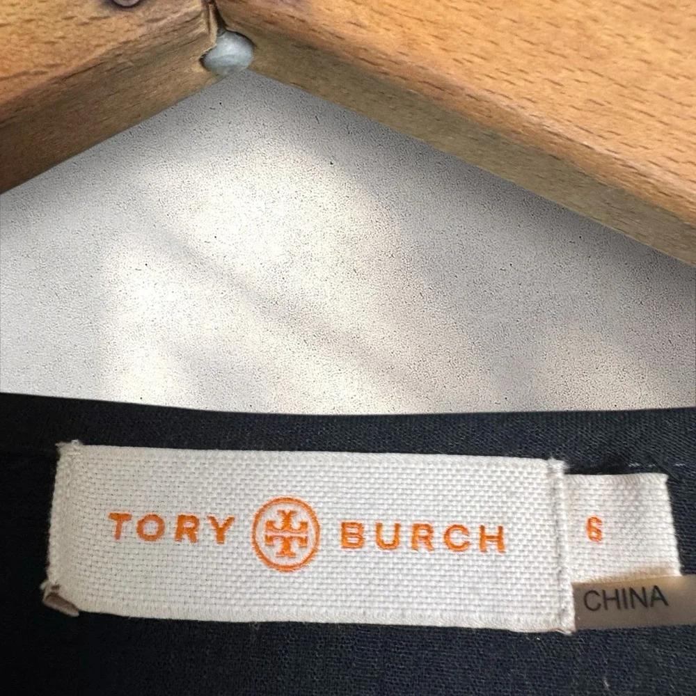 TORY BURCH Fleur‎ Tunic Blouse Black Floral Embroidery Crepe Sz 6